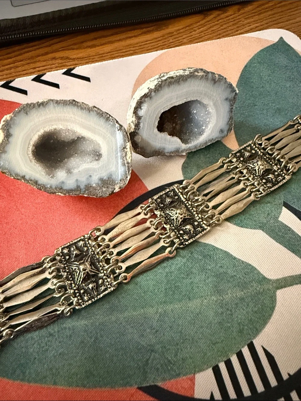 Mexico Art Deco Wide Panel Link Bracelet Signed Bohemian